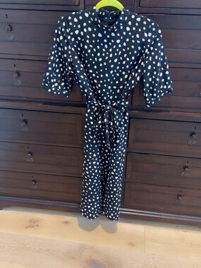 Ann Taylor Black Midi Dress with White Polka Dot Print and Waist Tie